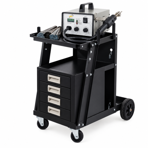 Kit Profissional de Soldadura de Plásticos com Estação de Ar Quente e Carro de Apoio Kit Profissional de Soldadura de Plásticos com Estação de Ar Quente e Carro de Apoio